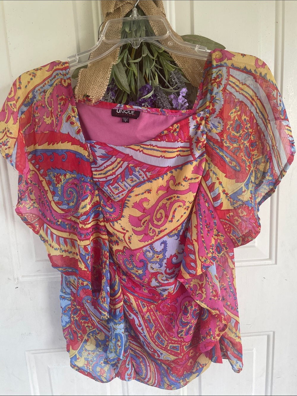Nique Pink Yellow Blue Paisley Flutter-Sleeve Blouse